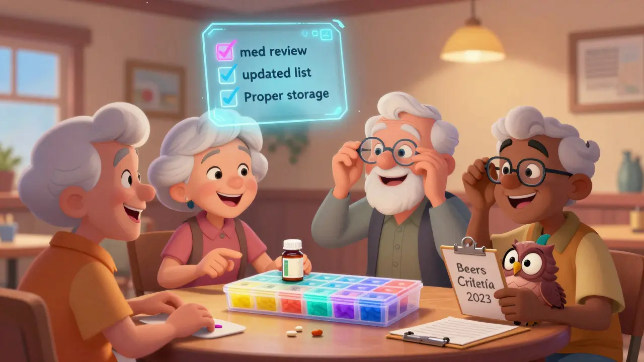 Seniors use a pill organizer in a community center as a floating checklist and owl with clipboard guide safe medication use.