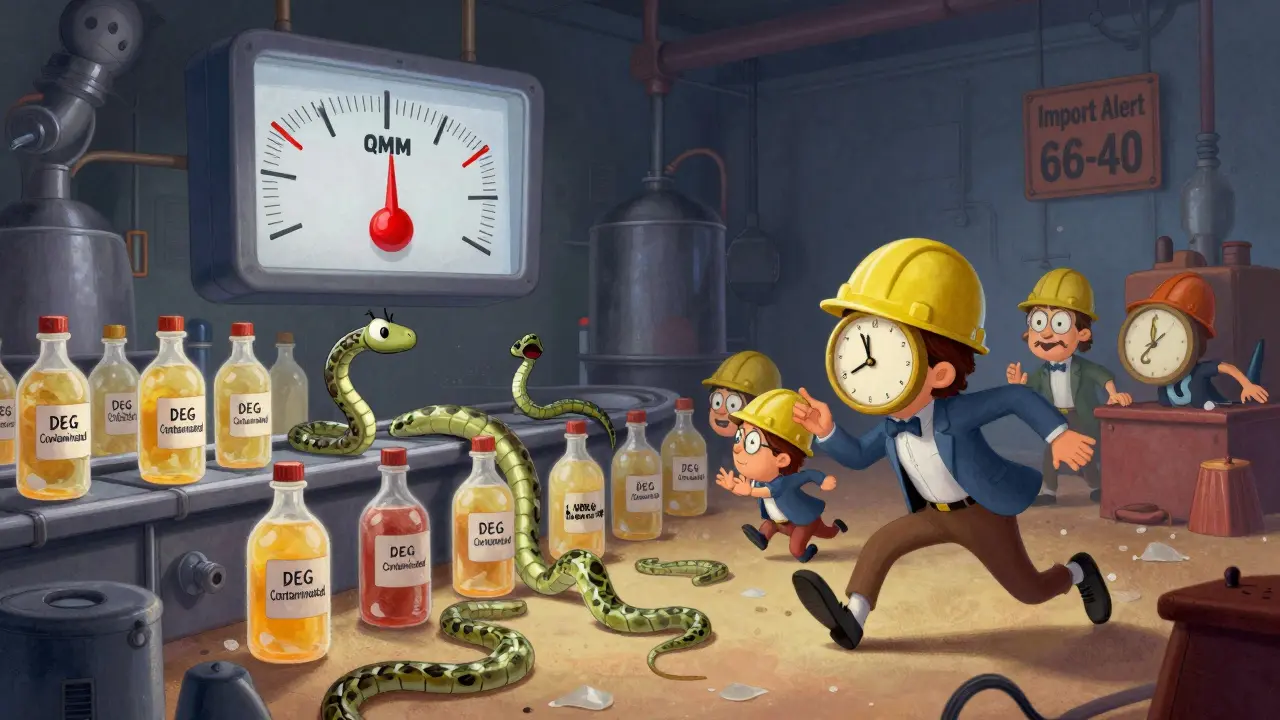 Whimsical depiction of contaminated raw materials and pressured workers with QMM meter in red zone.