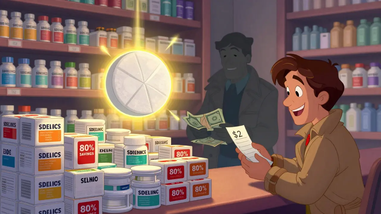 A patient pays  for generics while a hidden PBM counts profits behind the pharmacy counter.