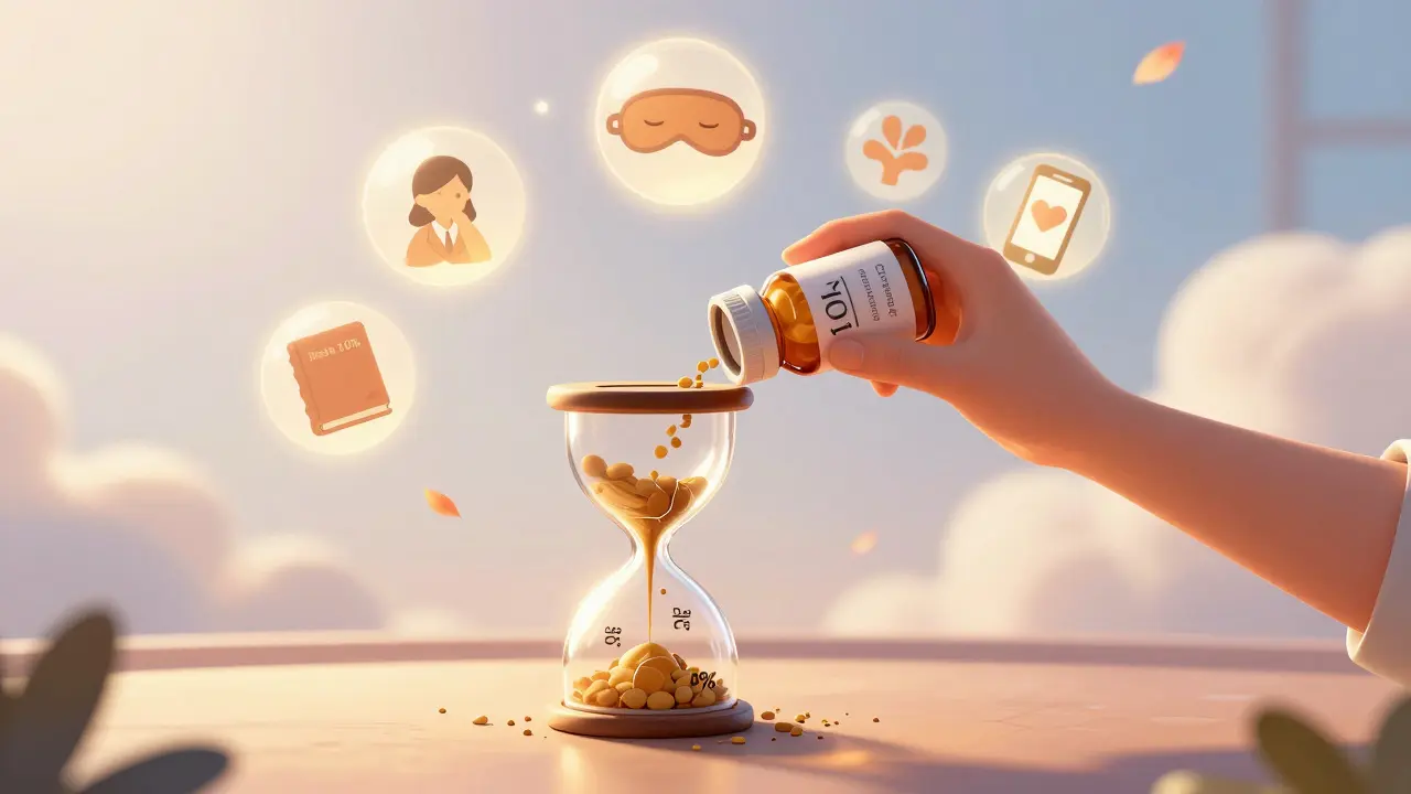 A person lowers a medication bottle into an hourglass of gradual dose reductions, surrounded by supportive icons in soft Disney style.