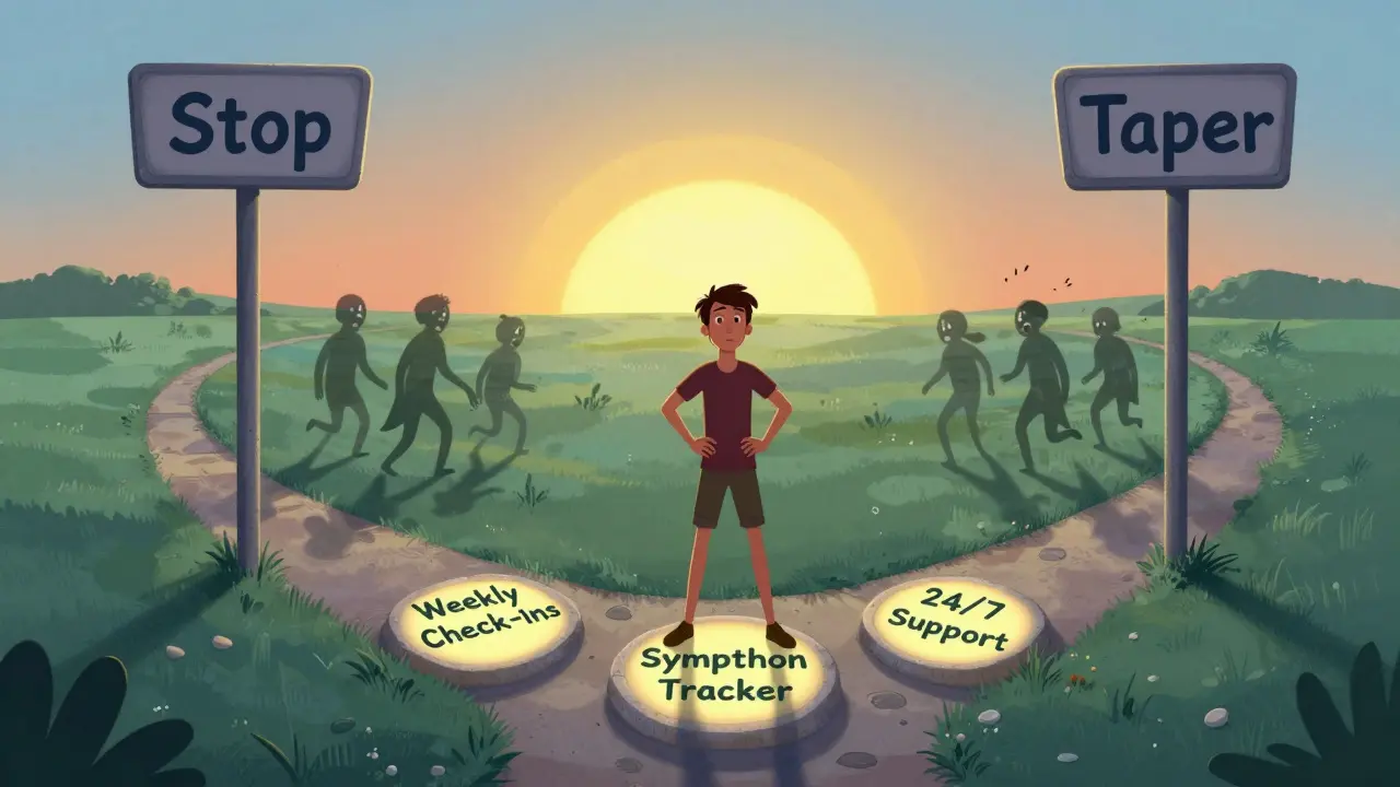 A person walks a safe path labeled with taper support steps, leaving fear behind, under a bright sunrise in Disney illustration.