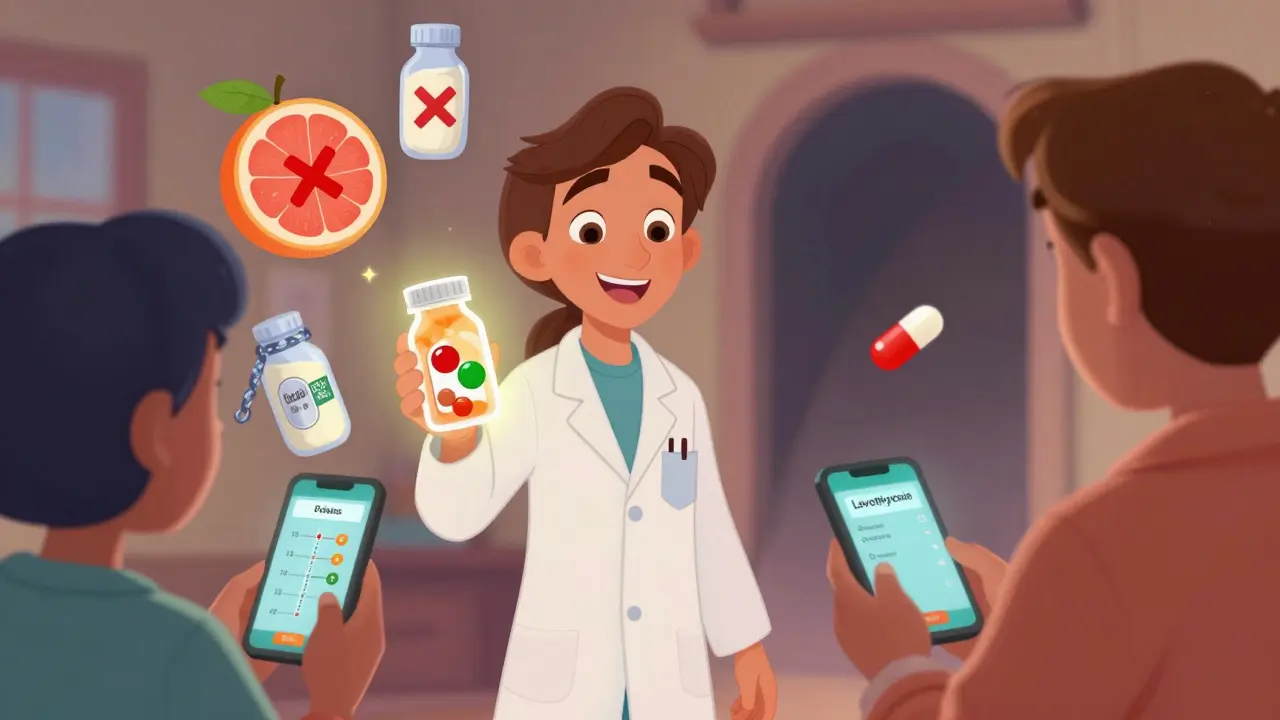 A pharmacist showing a patient a color-coded pill bottle and app that visualizes food-medication timing interactions.