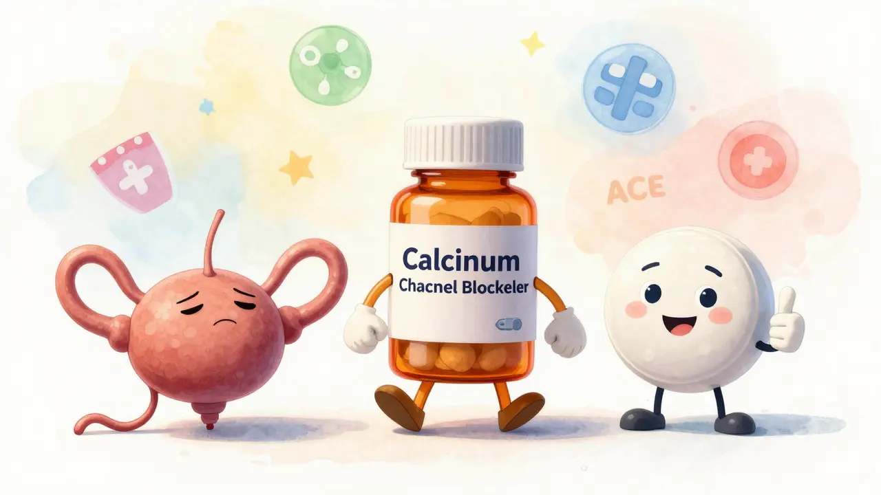 A pill bottle walking away from a drooping bladder, with another pill giving a thumbs-up, illustrating medication alternatives.