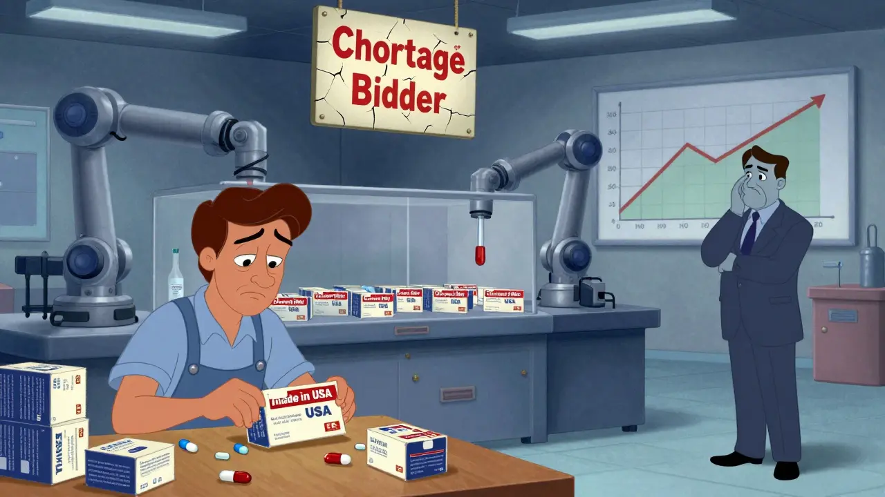 A U.S. generic drug factory struggles against cheaper overseas production, leading to drug shortages.