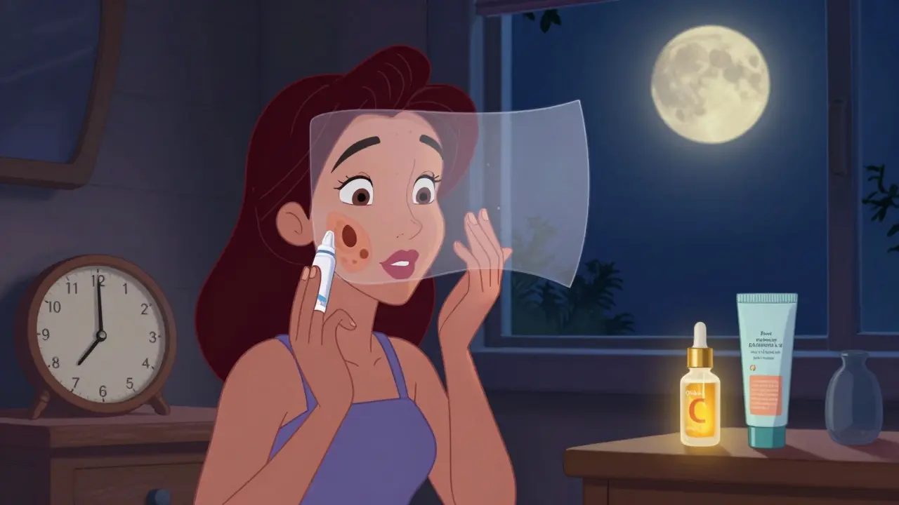 A woman applies tretinoin at night as vitamin C and sunscreen protect her skin, with melanin production visibly calming.
