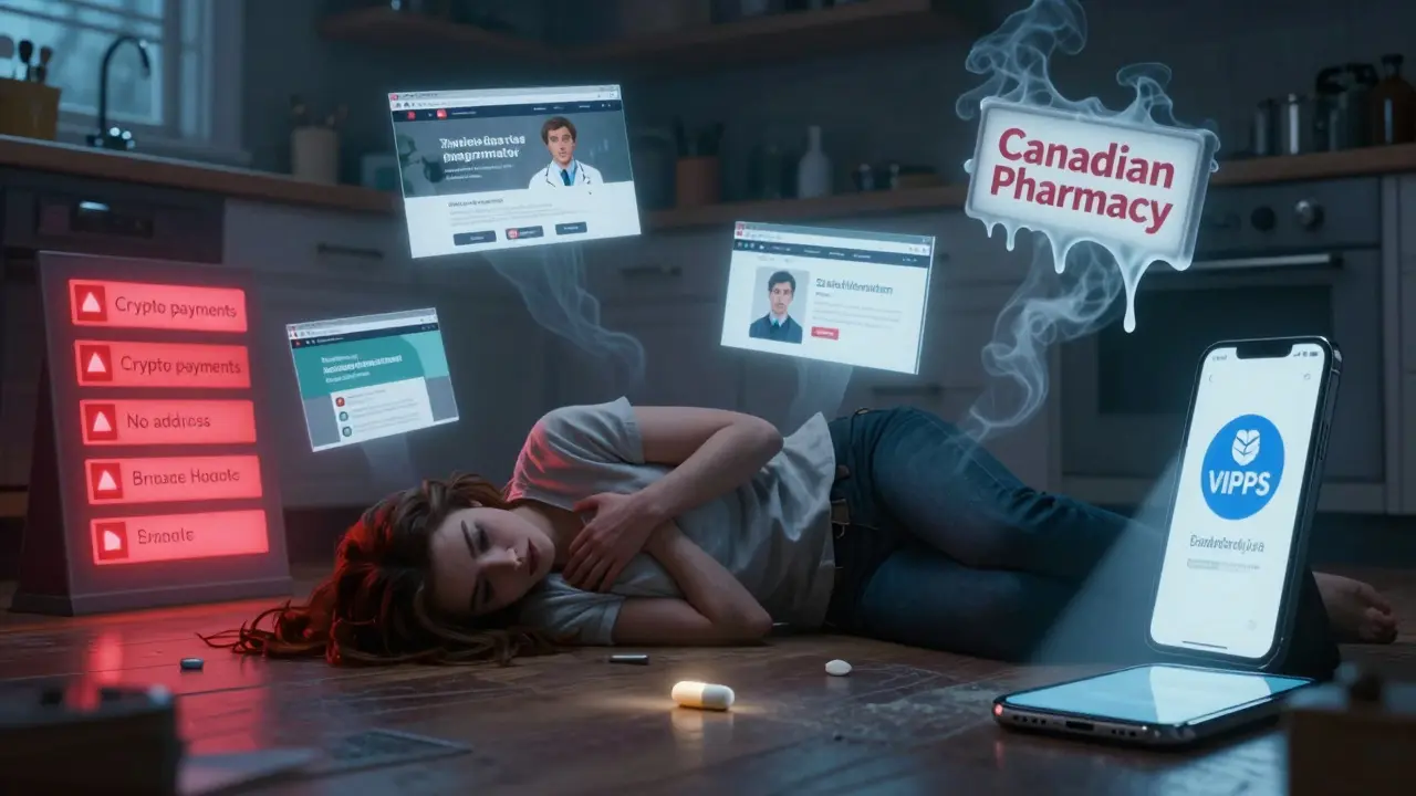 A woman collapsing from a fake pill, with ghostly images of fraudulent websites and red flags around her.
