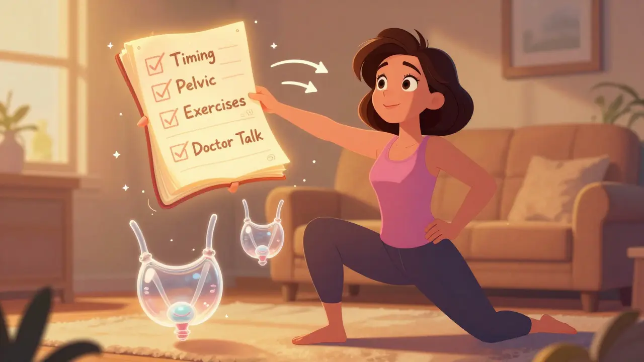 A woman doing pelvic exercises with three floating bladders showing improvement, surrounded by helpful checklists.