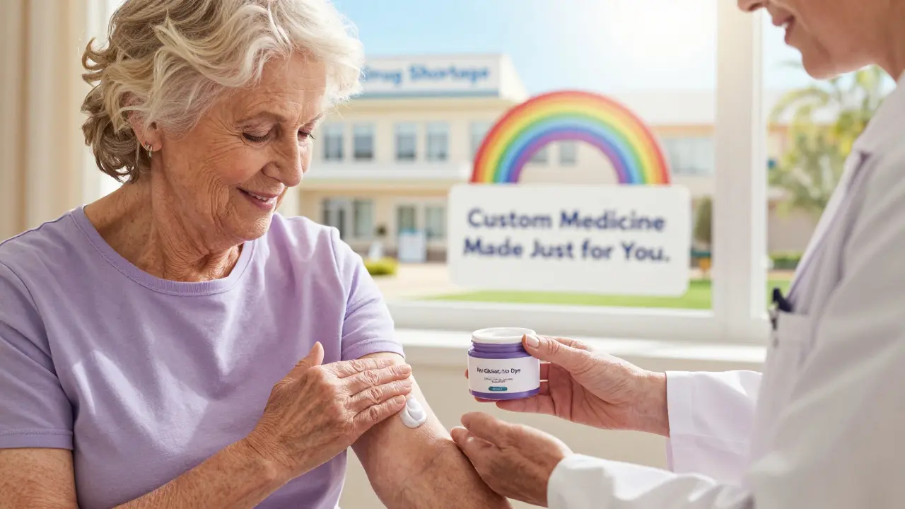An elderly woman applies a custom topical cream, smiling as her personalized medicine is handed to her.