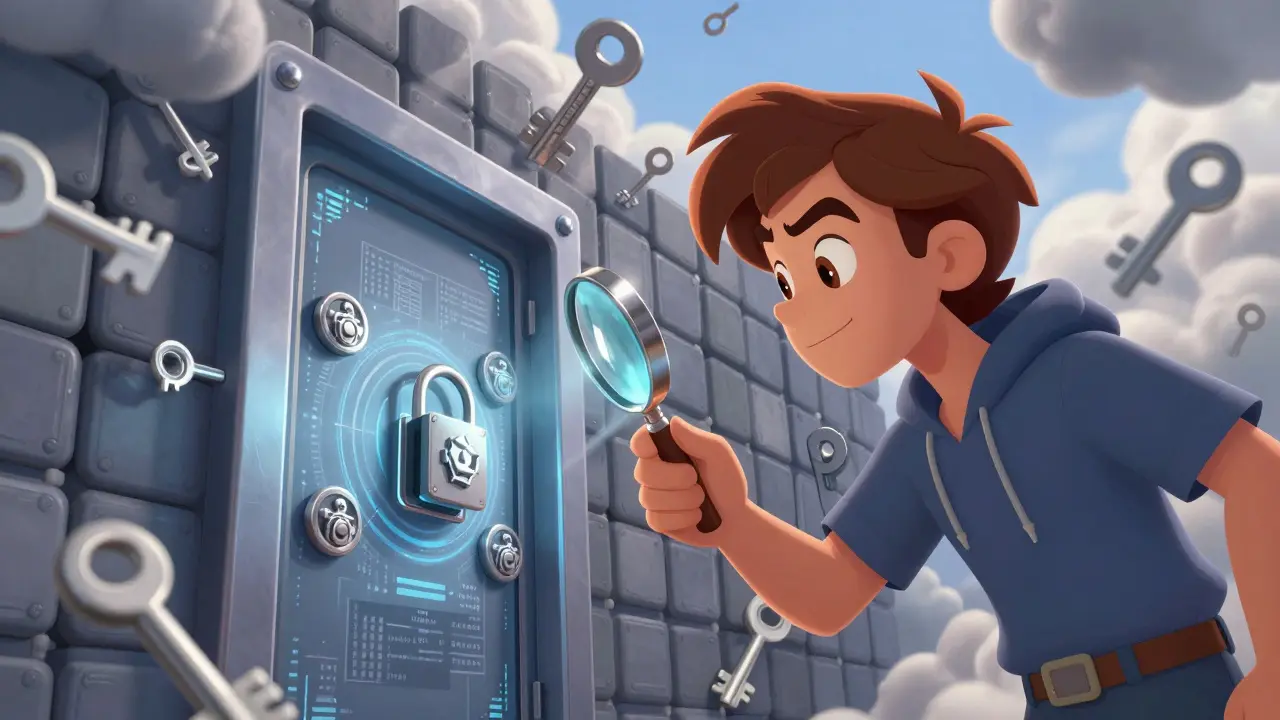 Character inspecting digital seals while blocking spam with encryption wall barrier.