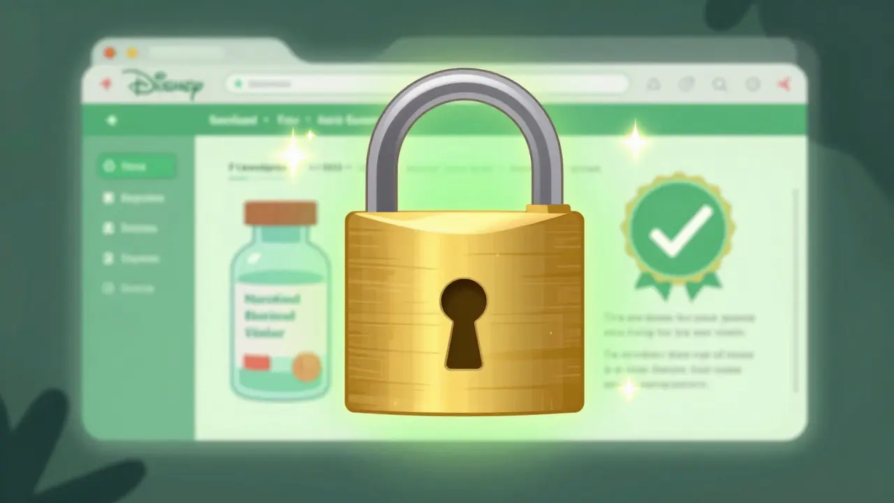 Gleaming golden padlock guarding a medicine bottle with green security glow.