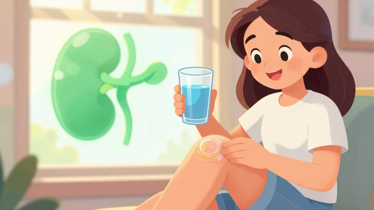 Happy character using topical cream and water for safe pain management relief.