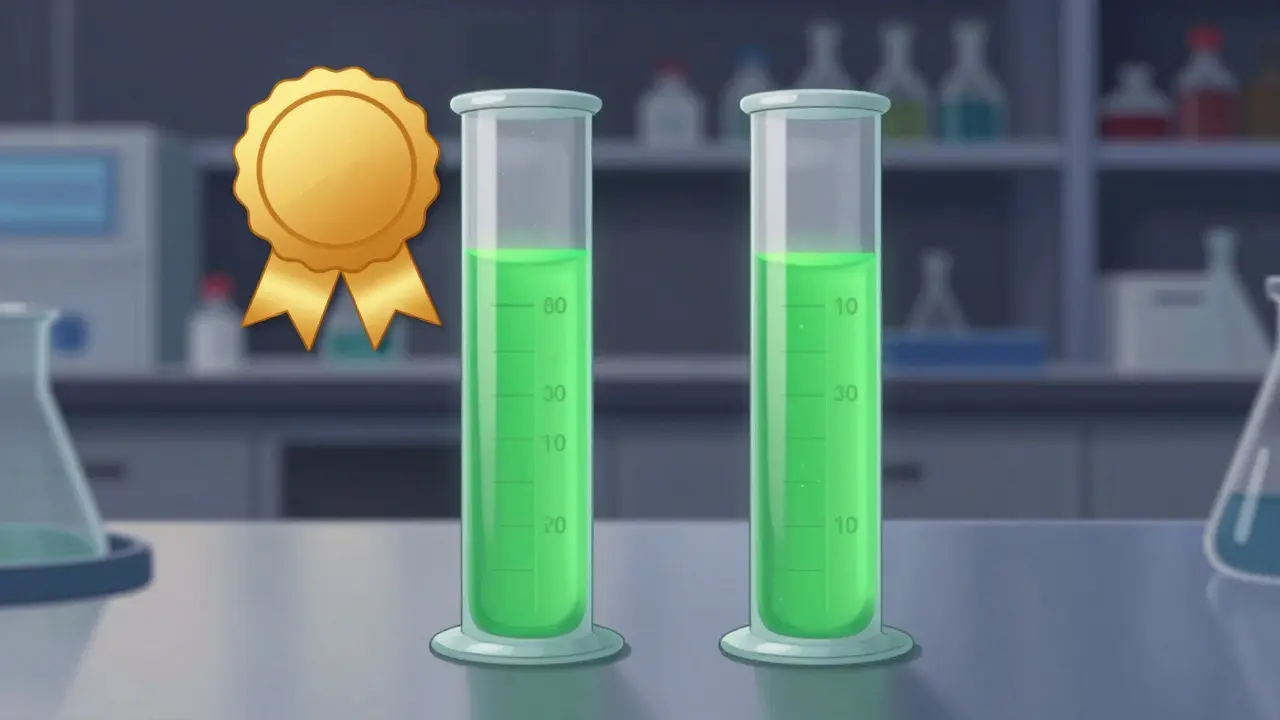Matching test tubes with green liquid and award ribbon