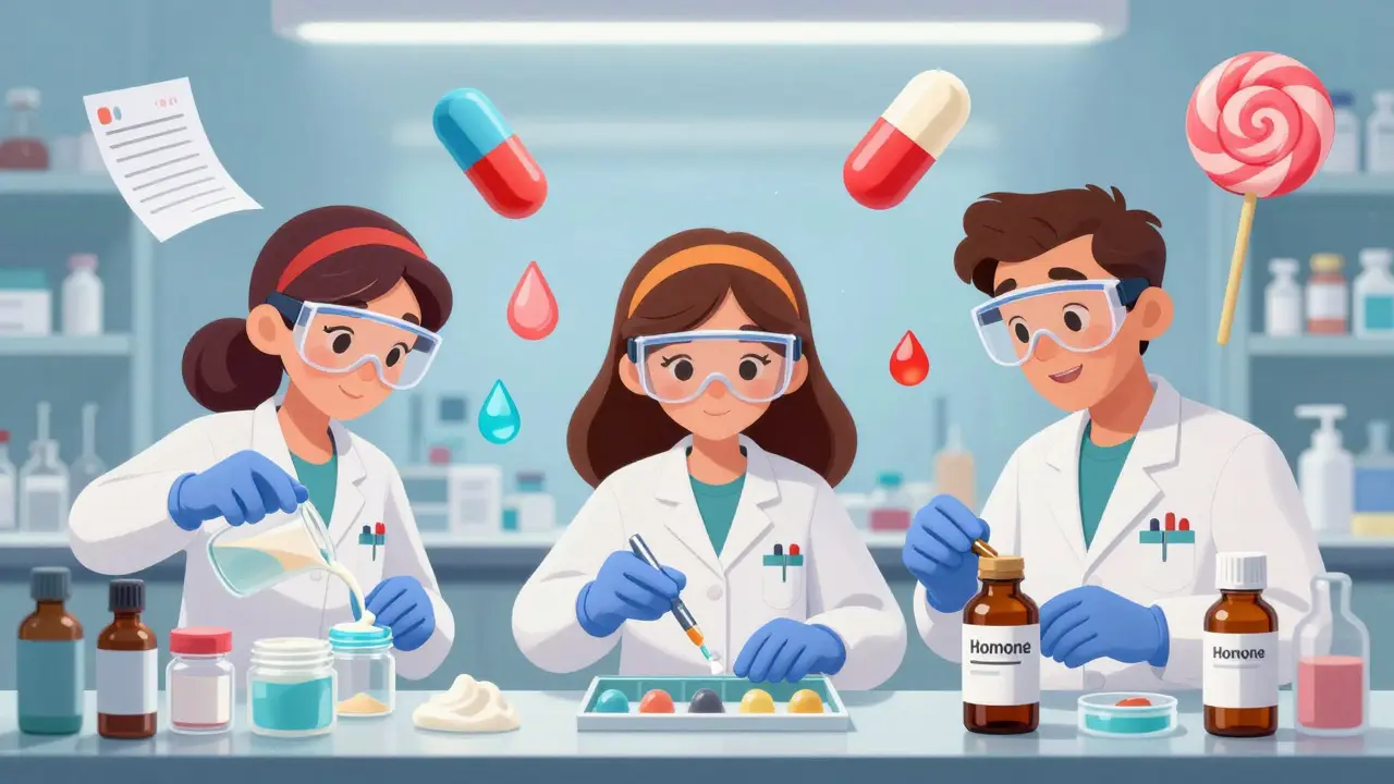 Pharmacists create personalized medications like creams, troches, and gels in a colorful, whimsical lab.