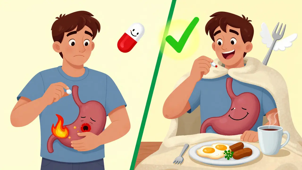 Two contrasting scenes: one showing stomach damage from taking ibuprofen on an empty stomach, the other showing protection with food.