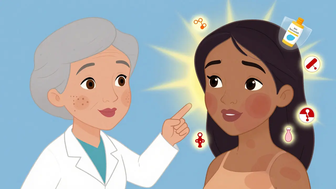 Two faces side by side show sun damage vs. melasma, with hormonal triggers and protective sunscreen highlighted.