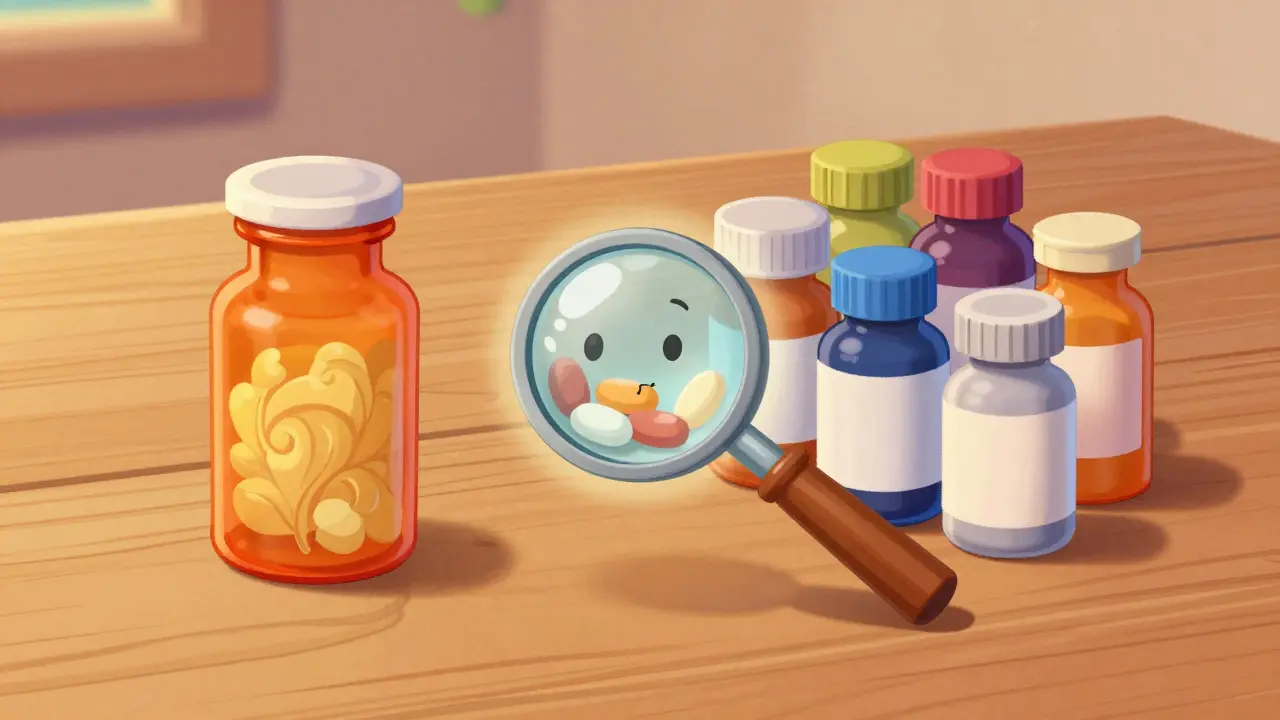 A comparison of one brand-name drug bottle versus several generic multi-source bottles.