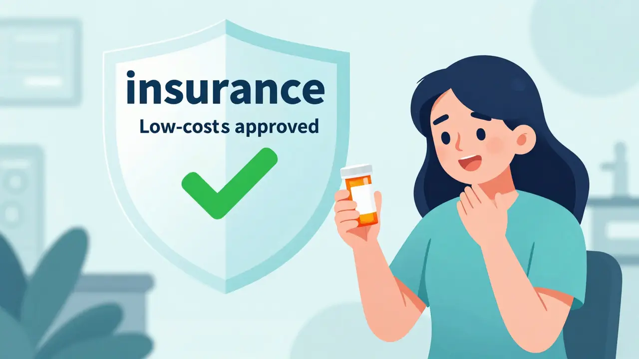 A happy patient holding a prescription bottle with a green insurance approval symbol in the background.