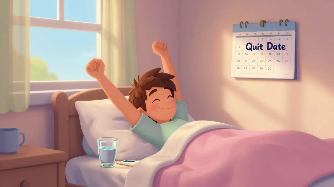 A happy person waking up refreshed after successfully quitting smoking.