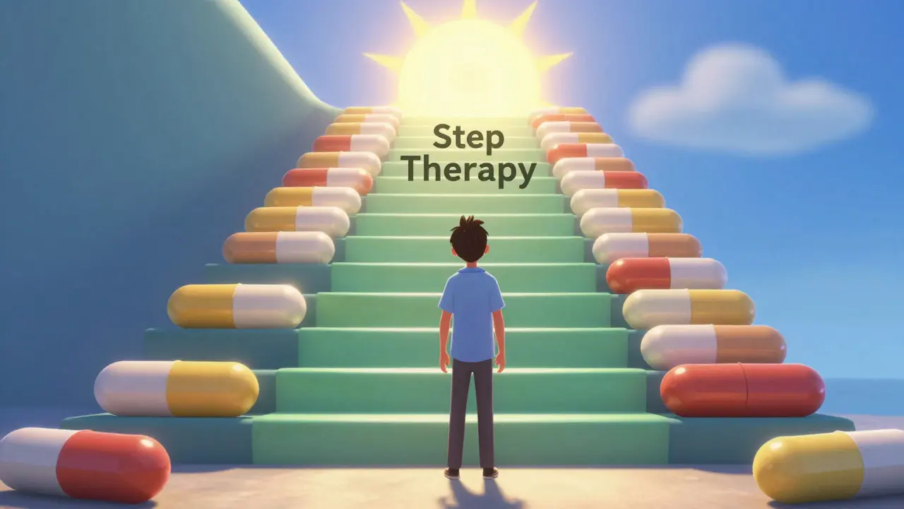 A person climbing a staircase made of giant pills, symbolizing the insurance step therapy process.
