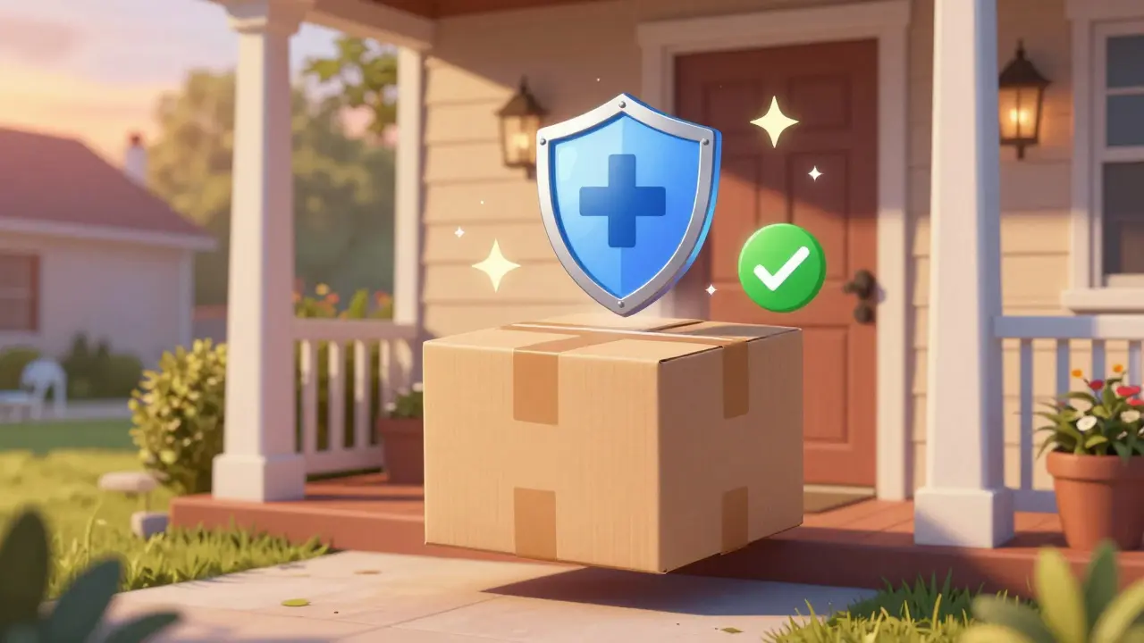 A secure medication package delivered to a charming suburban doorstep.