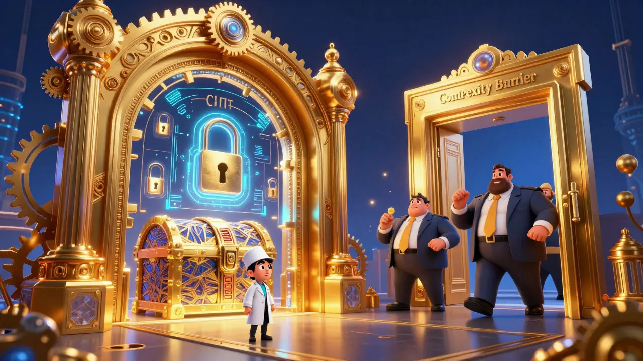 A small scientist facing a giant golden gate representing the barrier to complex generic drug production.