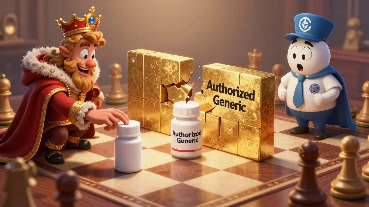 A whimsical chess game where a plain medicine bottle piece breaks a golden monopoly wall.