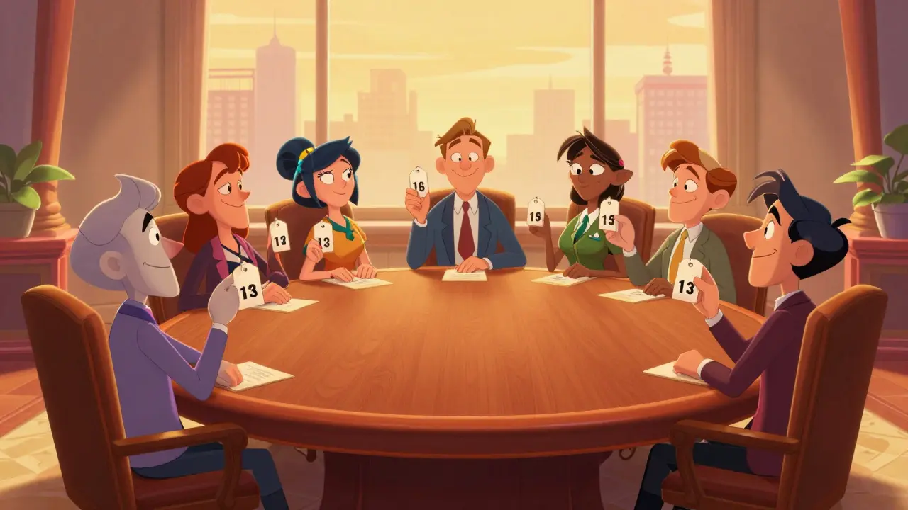 Cartoon pharmaceutical executives agreeing to keep high prices around a boardroom table.