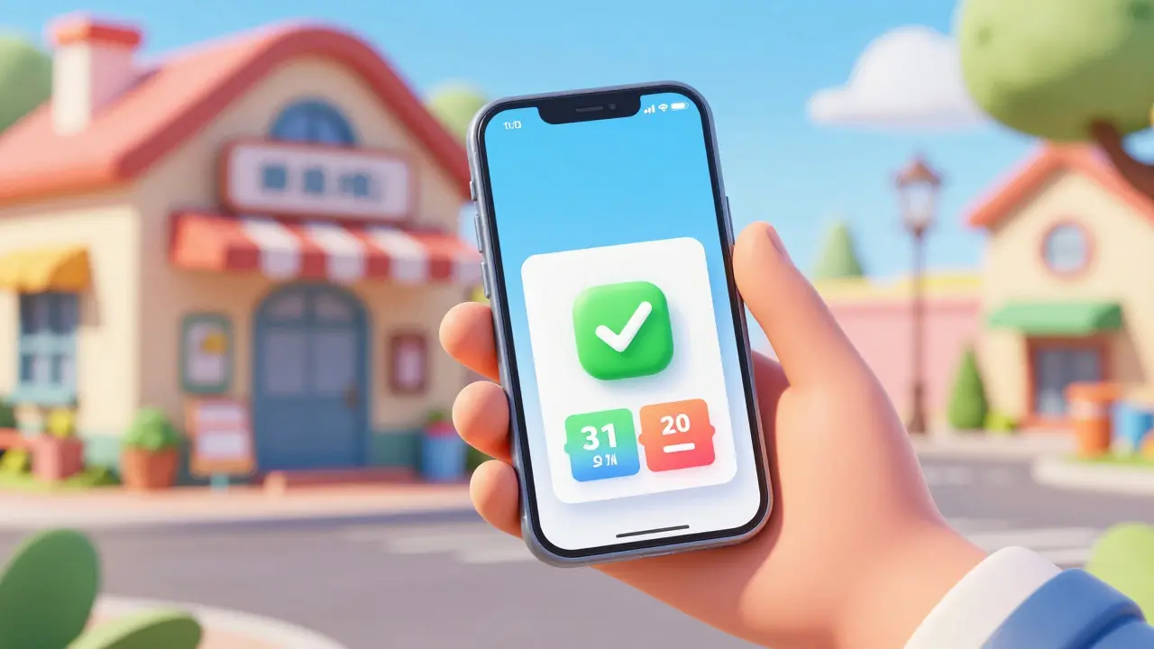 Cheerful person using a pharmacy discount app in a whimsical neighborhood.