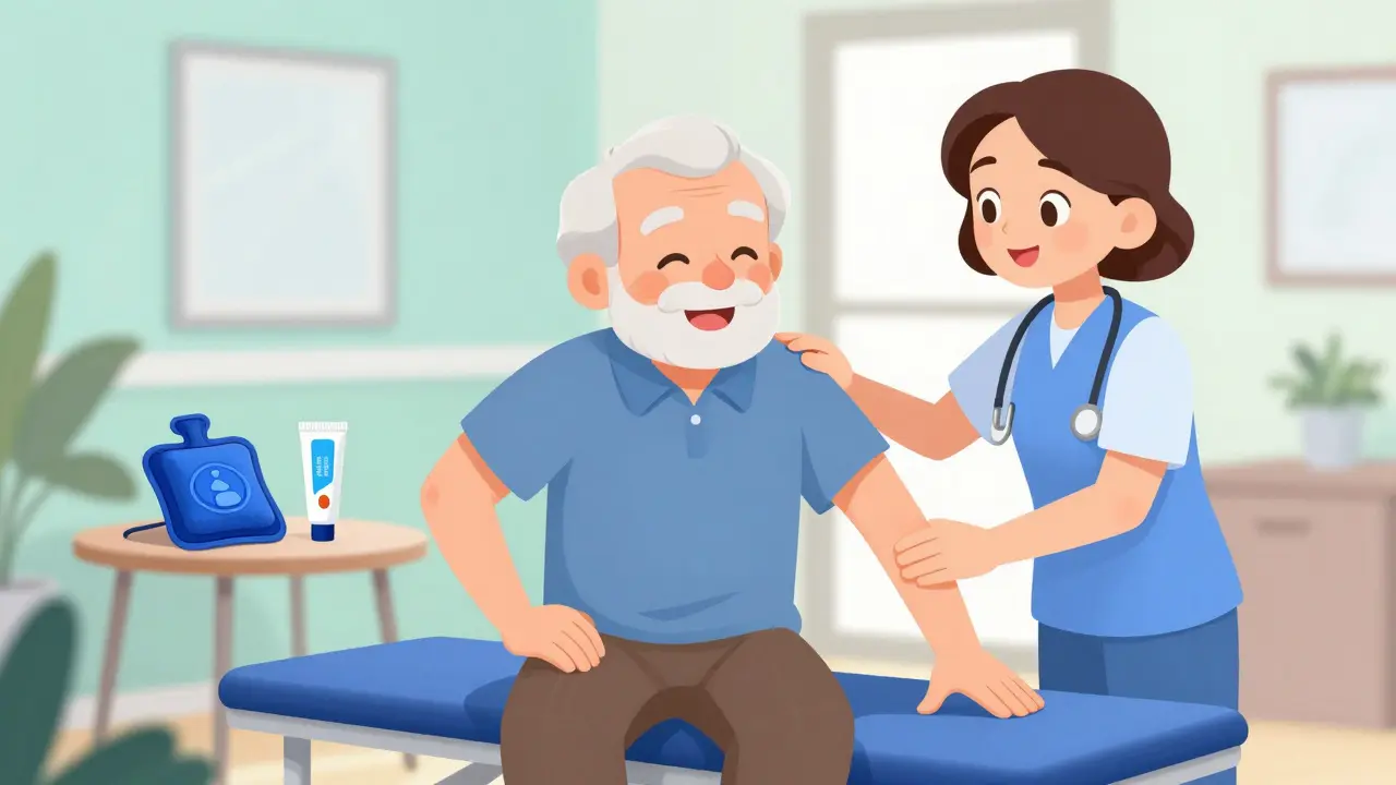 Cheerful senior man participating in physical therapy as a non-opioid pain management alternative.