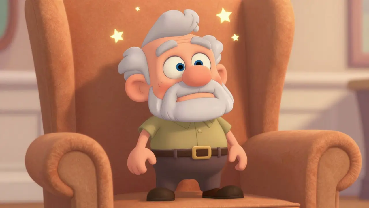 Dizzy senior man struggling to maintain balance while standing up from a chair.