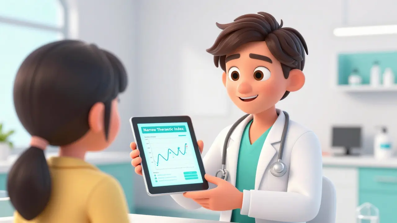 Doctor explaining medication stability to a patient using a digital chart in a clinic