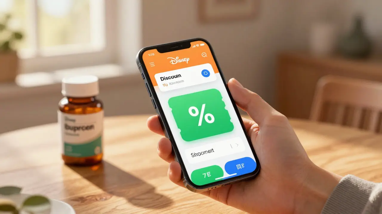 Hand holding a smartphone with a discount coupon for generic medication