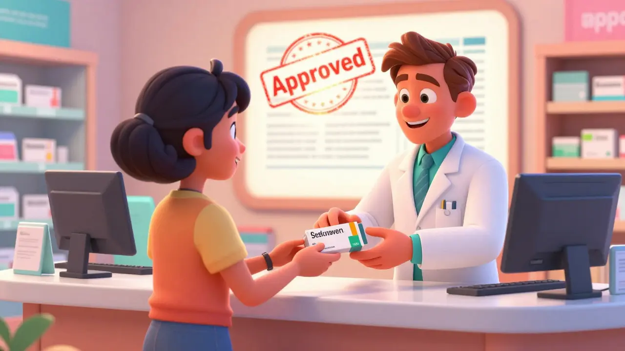 Happy patient receiving brand-name medication from a pharmacist at a pharmacy counter