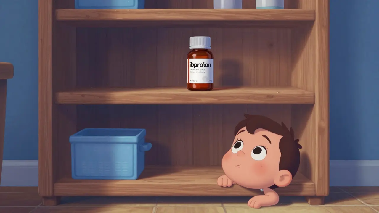Medication bottle stored safely on a high shelf away from a small child