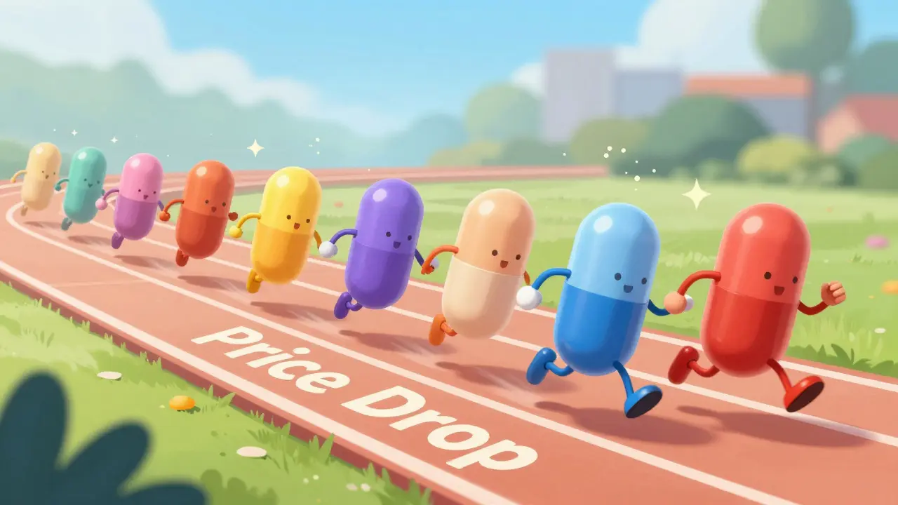 Anthropomorphic pill characters racing on a track, illustrating how more competitors lower prices.
