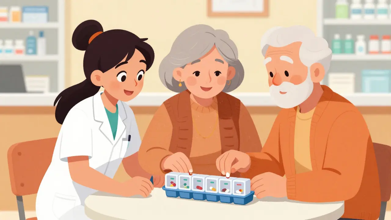 Caregiver and pharmacist helping seniors organize pills cheerfully