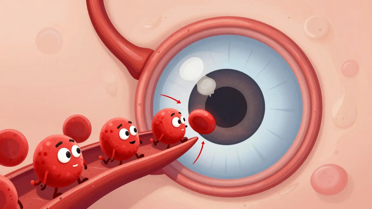 Cartoon blood vessels blocked by clot causing traffic jam in eye