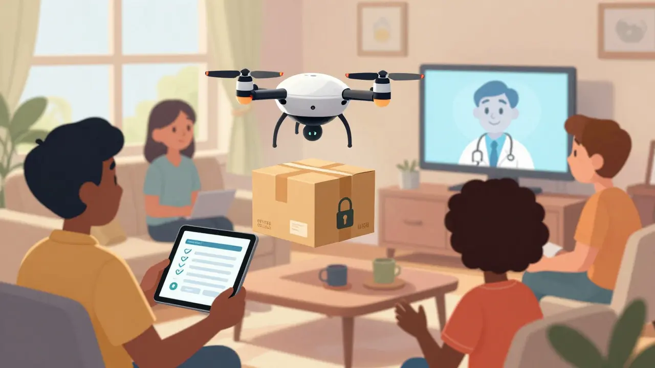 Cartoon family receiving secure medication package from drone