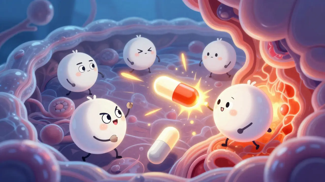Cartoon immune cells fighting medicine pills