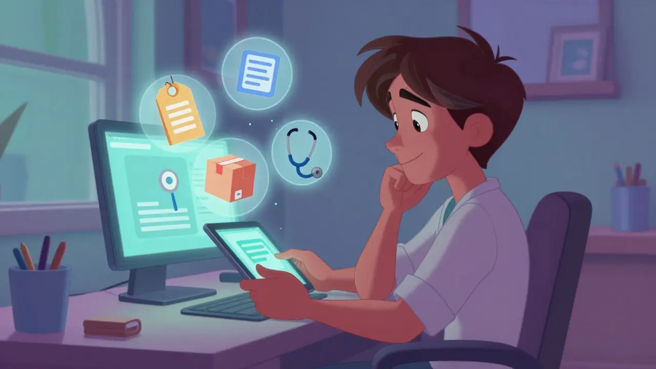 Character comparing pharmacy options on tablet in cozy room