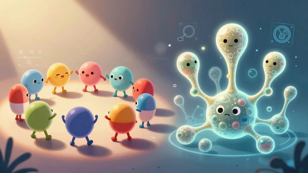 Cute simple pills dancing versus fewer complex biosimilar structures, showing market differences.