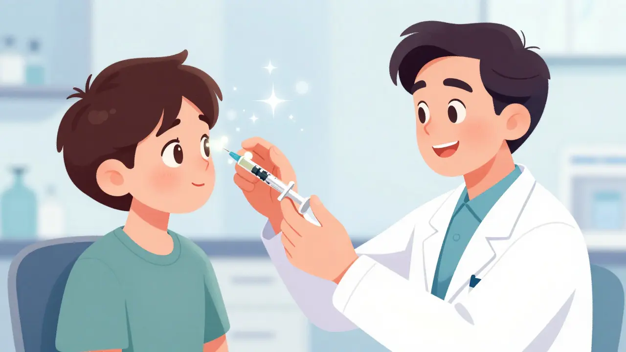Doctor giving eye injection to calm patient in bright clinic