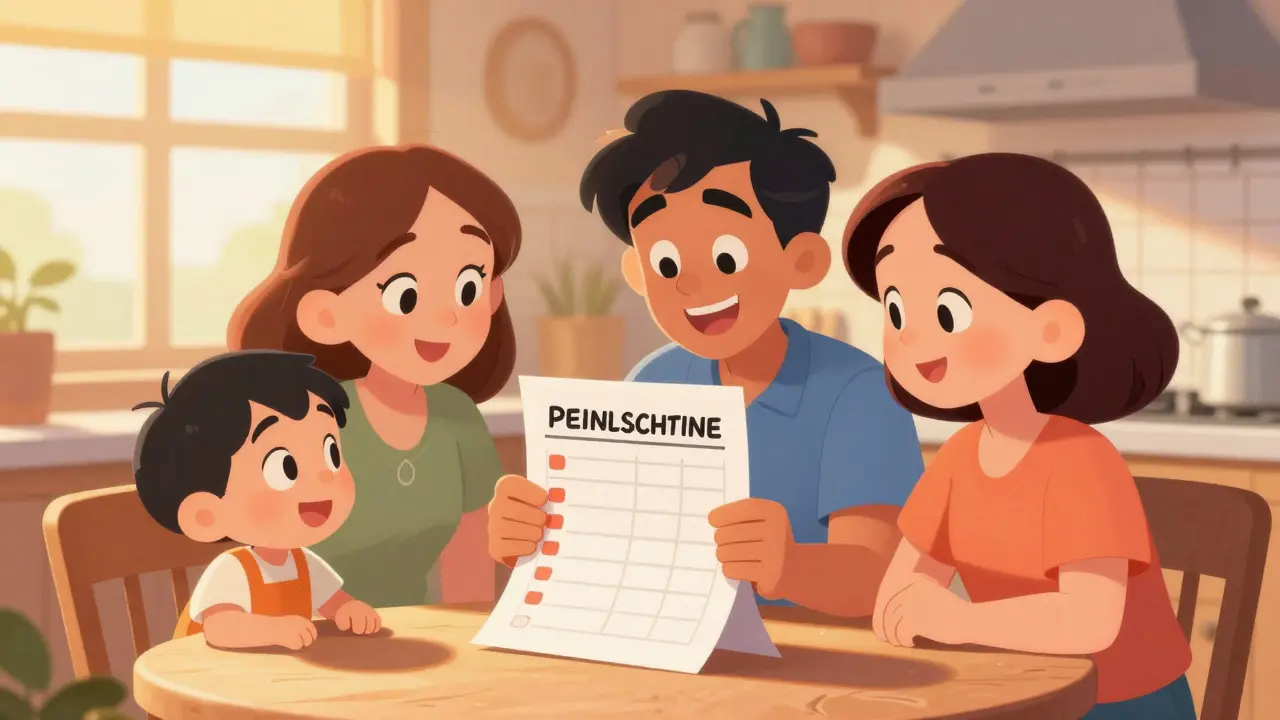 Family reviewing a visual medication schedule together at a sunny kitchen table