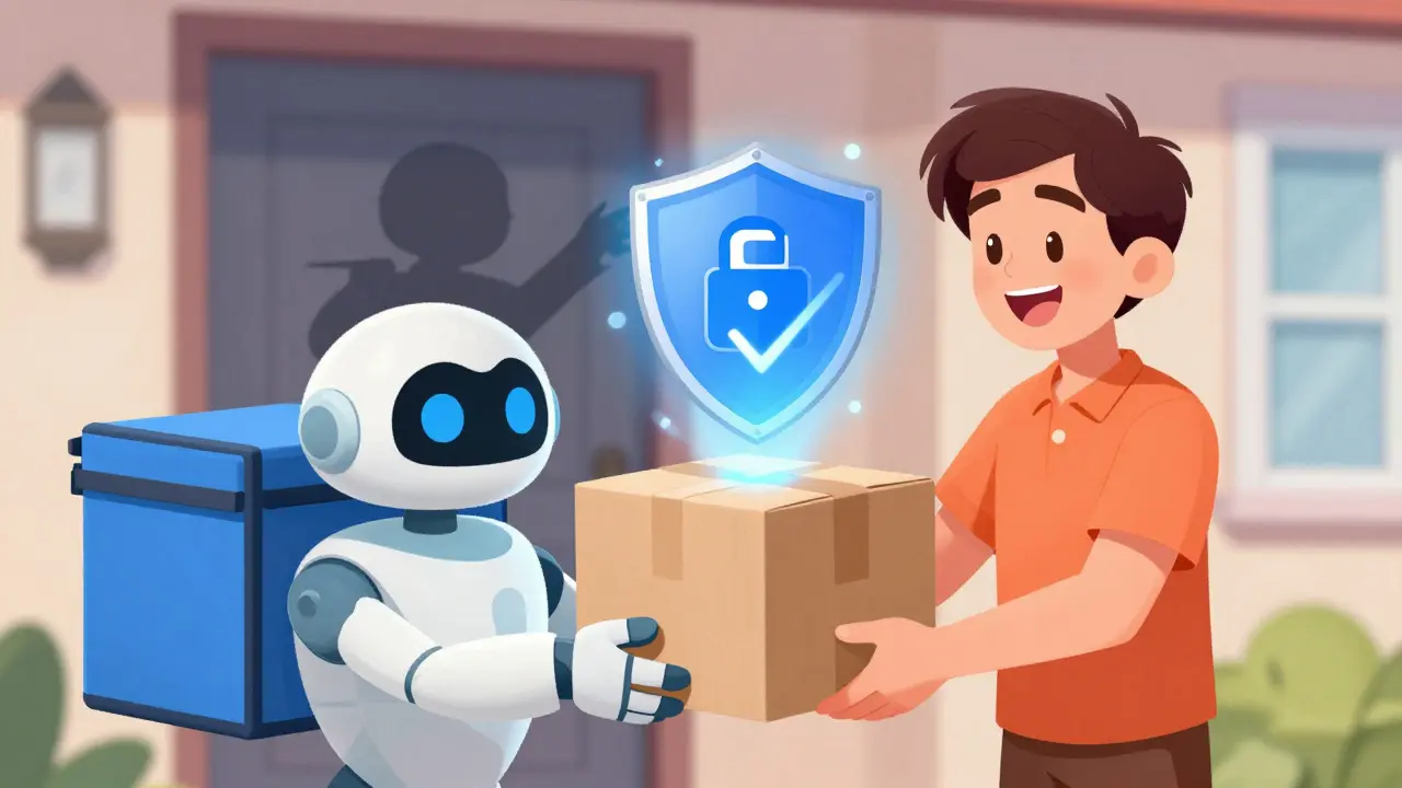 Friendly delivery person handing discreet medication package to patient