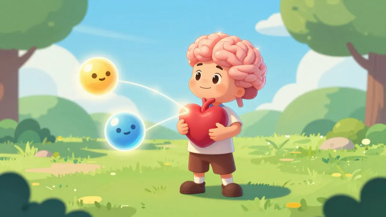Happy character in park feeling energized with glowing health symbols