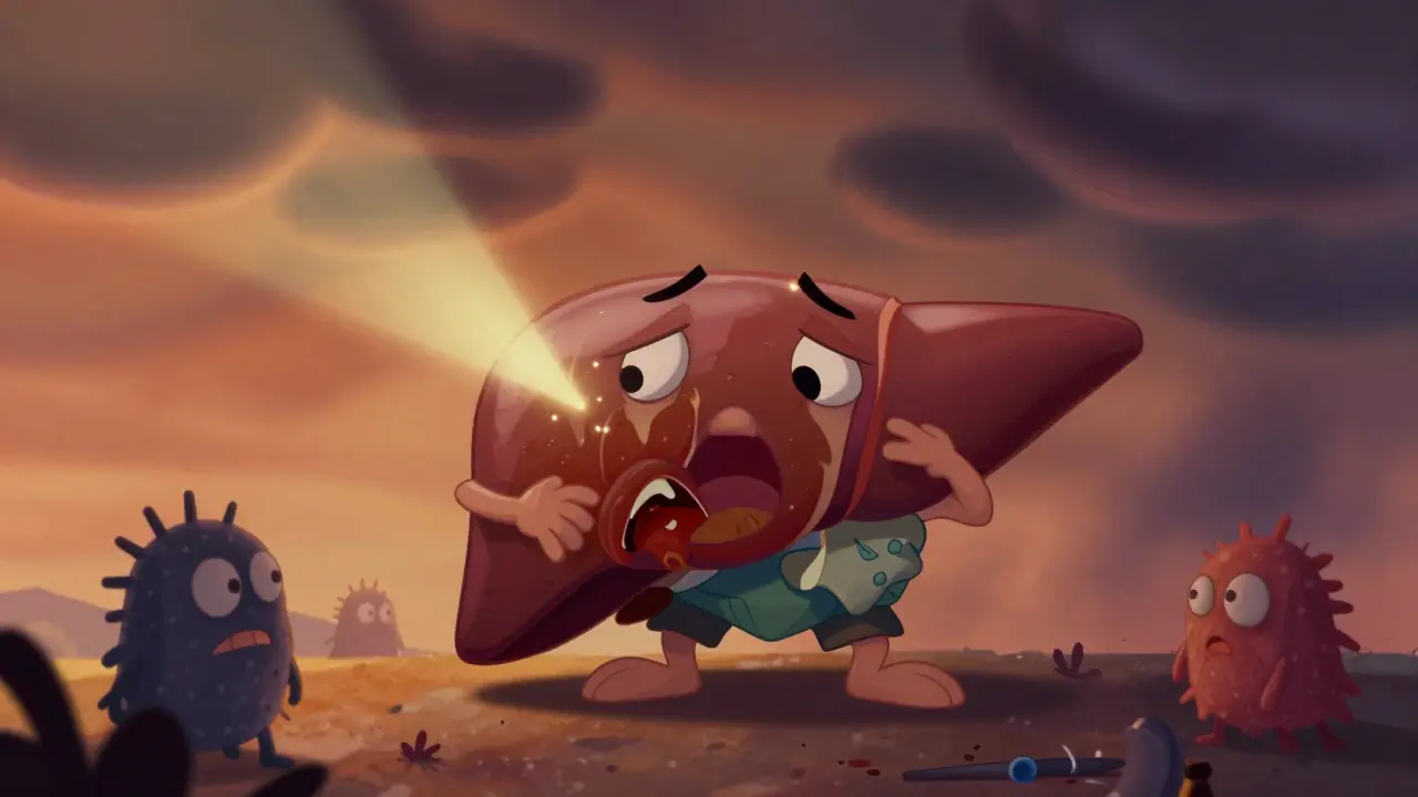 Inflamed cartoon liver under attack by toxin monsters, showing hepatitis.
