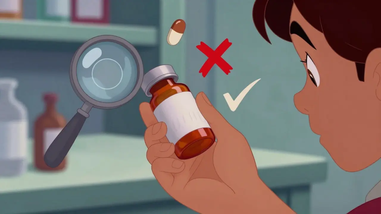 Inspecting medication for signs of counterfeiting like seals and pill quality.
