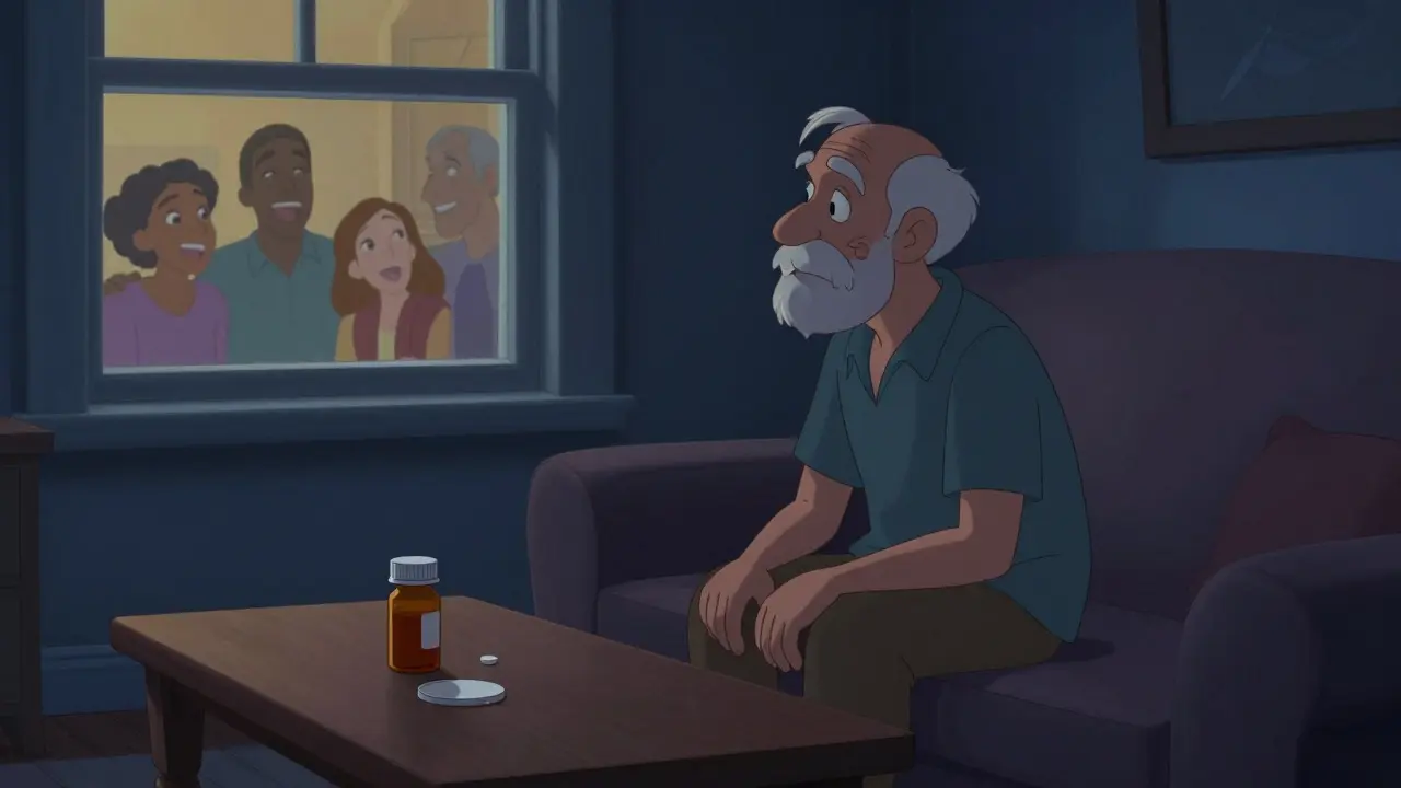 Lonely senior man sitting alone in a dim room looking out window