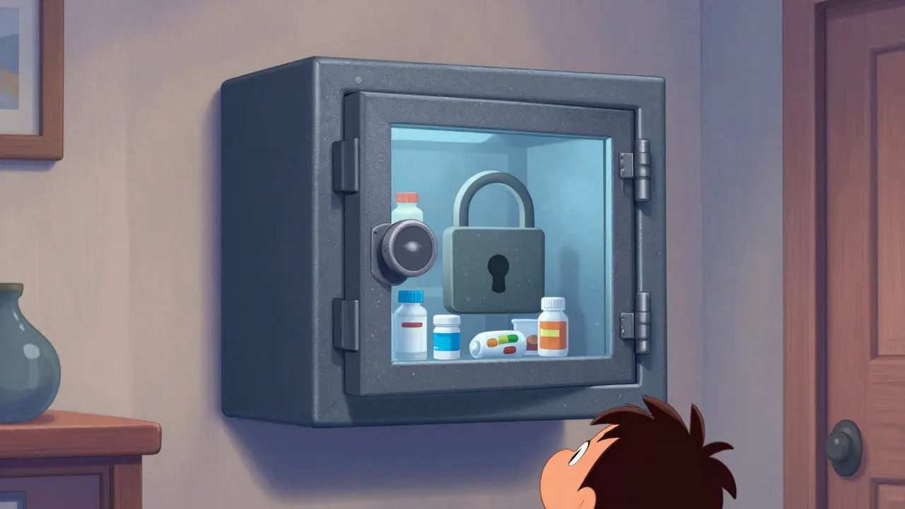 Medications locked in a high safe, out of reach of children.