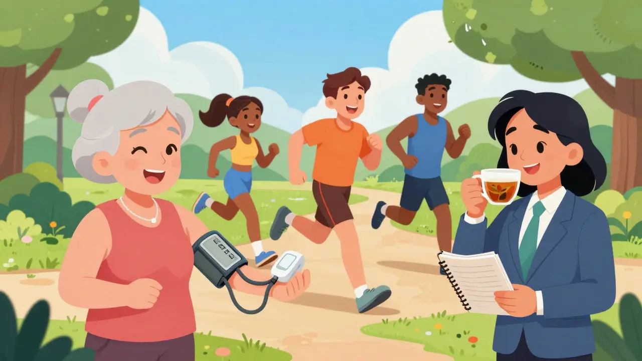 People actively managing health through exercise, diet, and blood pressure monitoring.